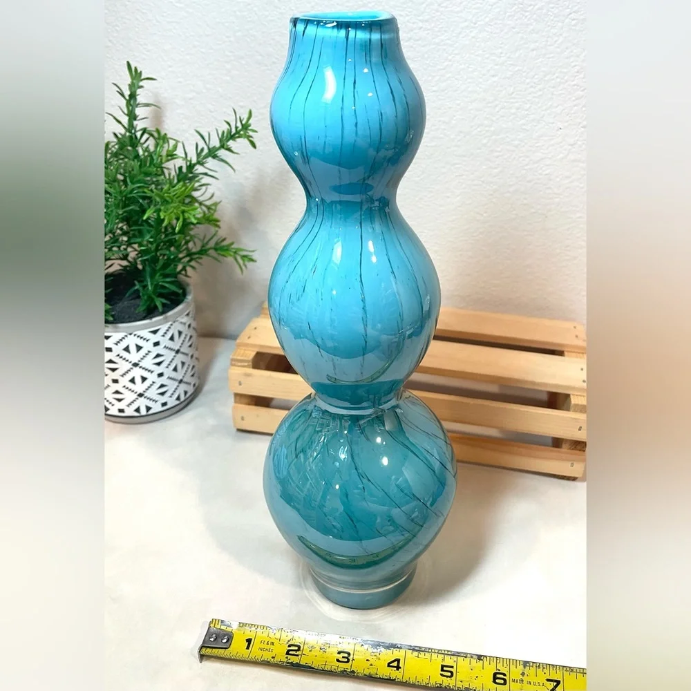 Vintage Pier 1 Turquoise Blue w Black Etch Art Glass Triple Gourd Vase | EUC